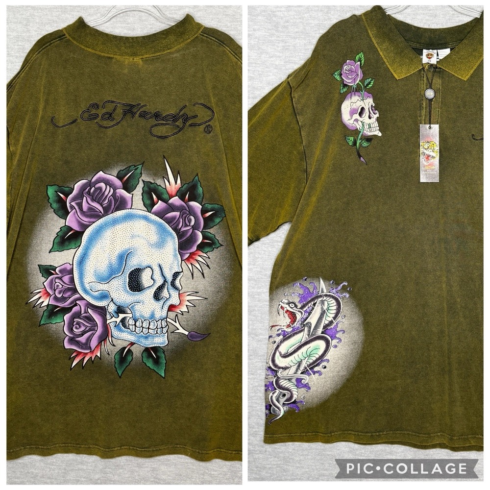 Ed Hardy Olive & Purple Polo with Skull, Roses & Snake Tattoo Rhinstone